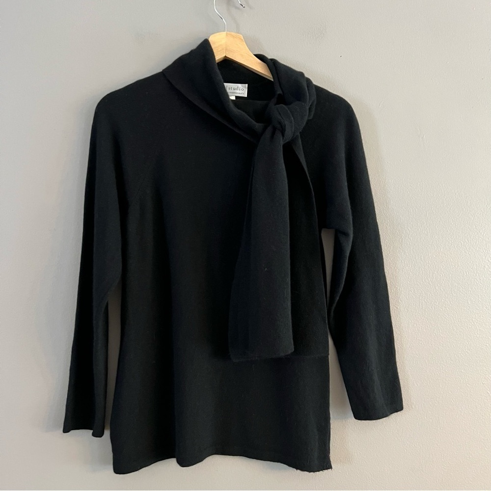 Sutton Studio Womens Wool Blend Mock Neck Tie Beck Black Medium
